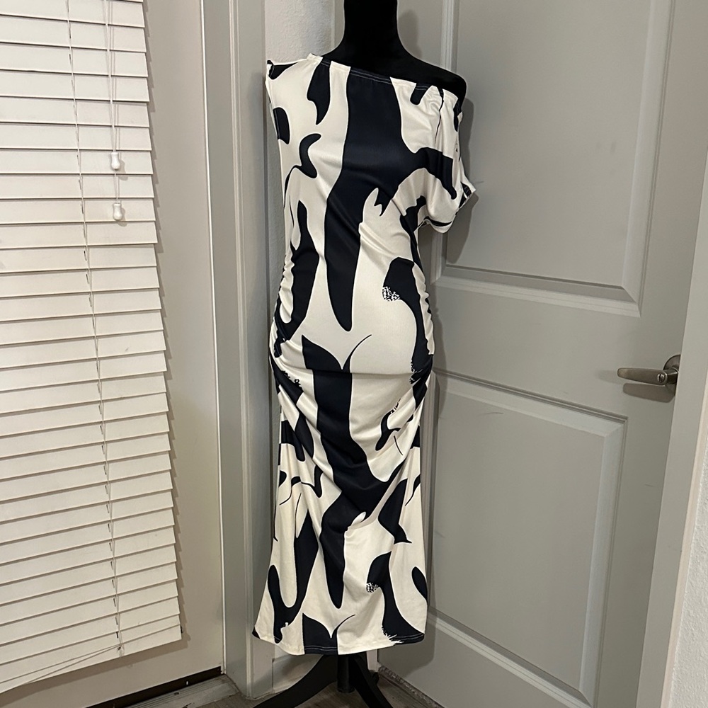 Elegant Black and White Off-Shoulder Dress